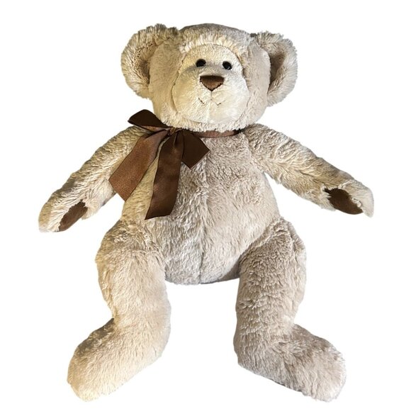 Gund Winslow Teddy Bear Plush 16" Almond Color W/ Suede Paws & Brown Ribbon Bow - Picture 4 of 5
